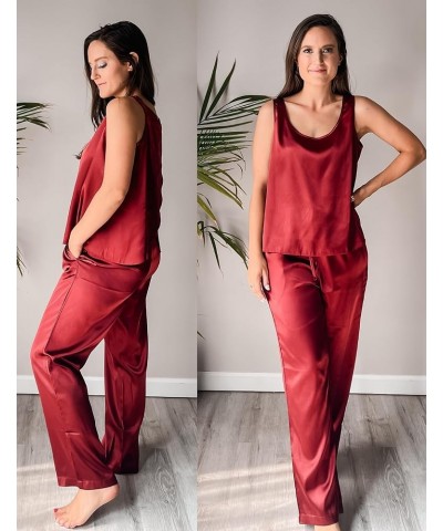 Womens Satin Pajamas Set Back Split Top and Long Pant Silk Pj Set Tank Sleepwear S-XXL Wine Red $10.03 Sleep & Lounge