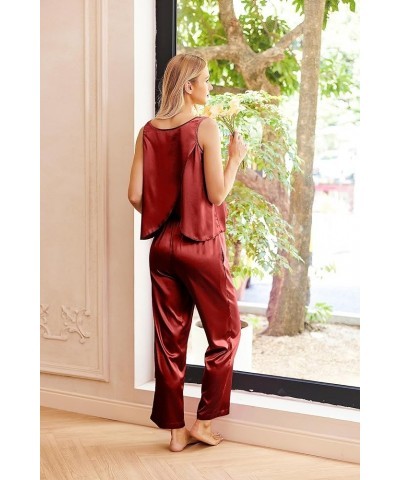 Womens Satin Pajamas Set Back Split Top and Long Pant Silk Pj Set Tank Sleepwear S-XXL Wine Red $10.03 Sleep & Lounge