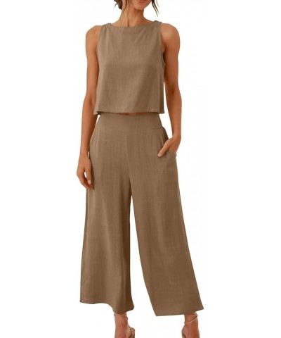 Women's Summer 2 Piece Outfits Plain Casual Cozy Sleeveless Short Sleeve Top Wide Leg Pants Set Trousers Pockets A-brown $9.2...