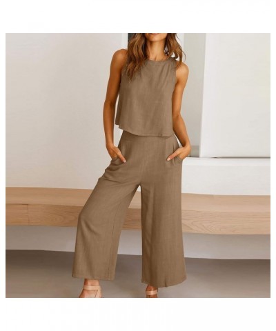 Women's Summer 2 Piece Outfits Plain Casual Cozy Sleeveless Short Sleeve Top Wide Leg Pants Set Trousers Pockets A-brown $9.2...