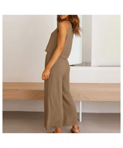 Women's Summer 2 Piece Outfits Plain Casual Cozy Sleeveless Short Sleeve Top Wide Leg Pants Set Trousers Pockets A-brown $9.2...