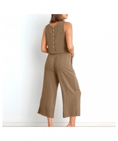 Women's Summer 2 Piece Outfits Plain Casual Cozy Sleeveless Short Sleeve Top Wide Leg Pants Set Trousers Pockets A-brown $9.2...