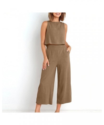 Women's Summer 2 Piece Outfits Plain Casual Cozy Sleeveless Short Sleeve Top Wide Leg Pants Set Trousers Pockets A-brown $9.2...