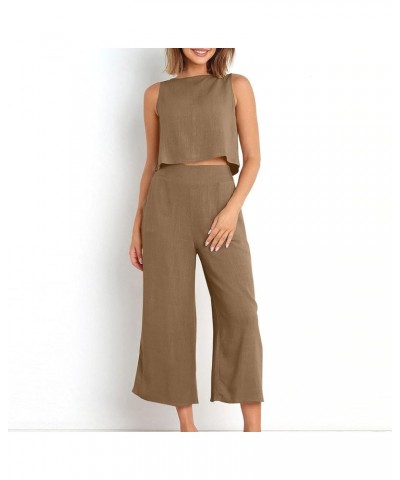 Women's Summer 2 Piece Outfits Plain Casual Cozy Sleeveless Short Sleeve Top Wide Leg Pants Set Trousers Pockets A-brown $9.2...