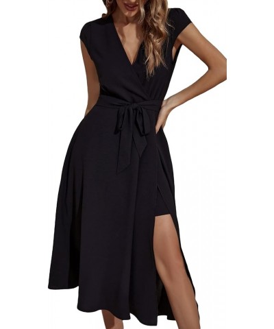 Women's Flared Cap Sleeve Split Midi Dress Wrap Belted Party Dresses Black $11.19 Dresses