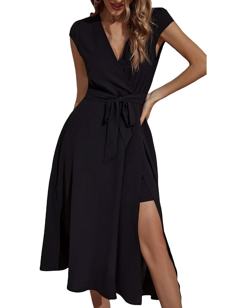 Women's Flared Cap Sleeve Split Midi Dress Wrap Belted Party Dresses Black $11.19 Dresses