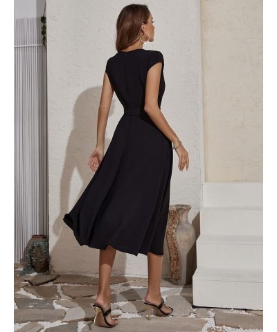 Women's Flared Cap Sleeve Split Midi Dress Wrap Belted Party Dresses Black $11.19 Dresses