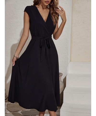 Women's Flared Cap Sleeve Split Midi Dress Wrap Belted Party Dresses Black $11.19 Dresses