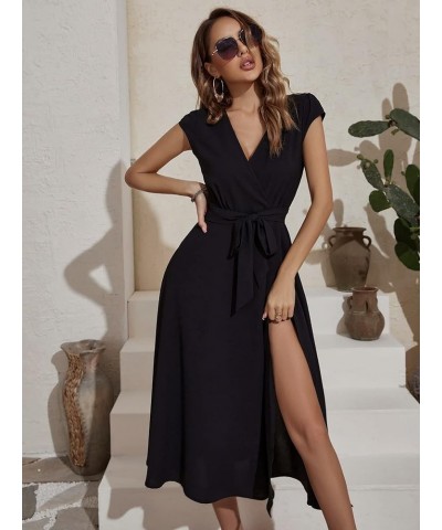 Women's Flared Cap Sleeve Split Midi Dress Wrap Belted Party Dresses Black $11.19 Dresses