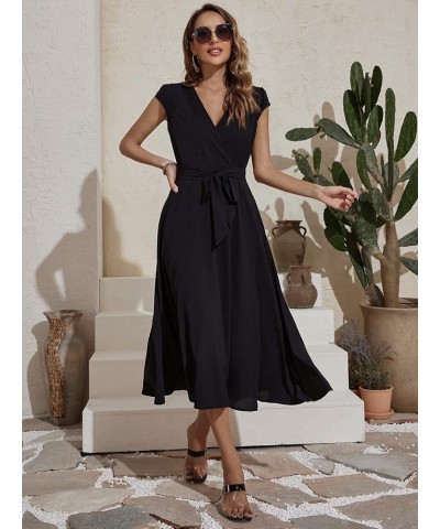 Women's Flared Cap Sleeve Split Midi Dress Wrap Belted Party Dresses Black $11.19 Dresses