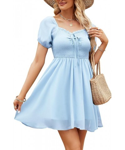 Women's Sweetheart Neckline Summer Dress Casual Smocked Dress Puff Sleeve Drawstring Dresses Blue $8.80 Dresses