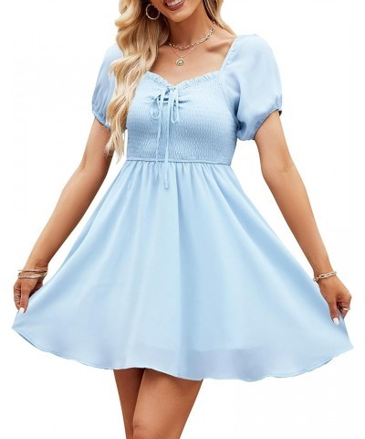 Women's Sweetheart Neckline Summer Dress Casual Smocked Dress Puff Sleeve Drawstring Dresses Blue $8.80 Dresses