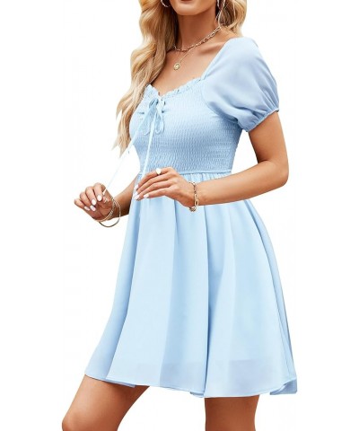 Women's Sweetheart Neckline Summer Dress Casual Smocked Dress Puff Sleeve Drawstring Dresses Blue $8.80 Dresses