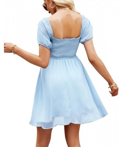 Women's Sweetheart Neckline Summer Dress Casual Smocked Dress Puff Sleeve Drawstring Dresses Blue $8.80 Dresses