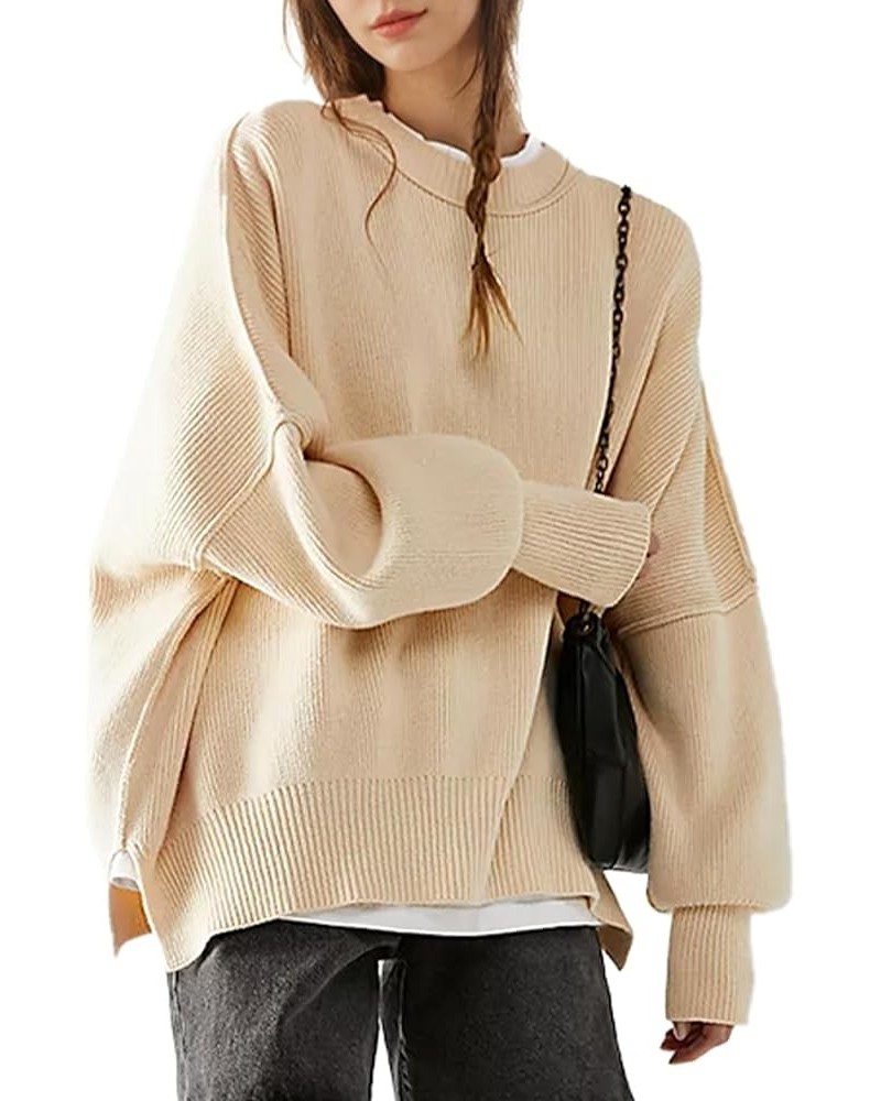 Ribbed Sweaters for Women Crewneck Easy Oversized Sweater Batwing Sleeve Street Tunic Side Slit Pullover Sweatshirt Apricot $...