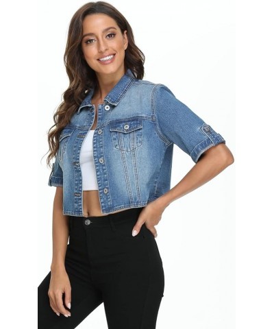 Women's Denim Jacket Button Down Short Sleeve Cropped Jean Jacket Coat Dark Blue $21.12 Jackets