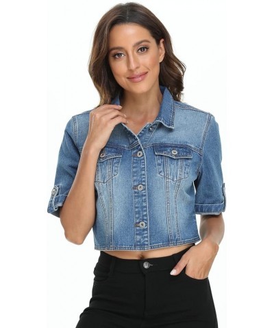 Women's Denim Jacket Button Down Short Sleeve Cropped Jean Jacket Coat Dark Blue $21.12 Jackets