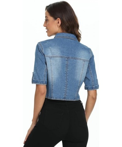 Women's Denim Jacket Button Down Short Sleeve Cropped Jean Jacket Coat Dark Blue $21.12 Jackets