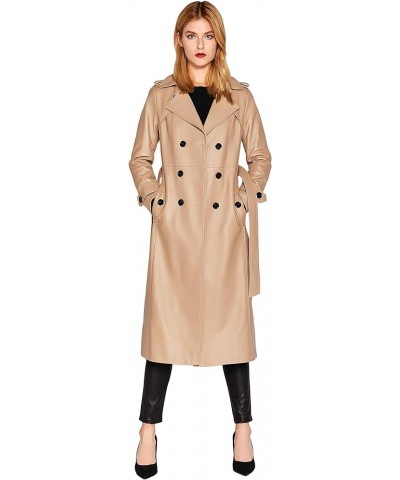 Women's Leather Trench Coat Lambskin Double Breasted Long Jacket Coat Camel Camel $116.80 Coats