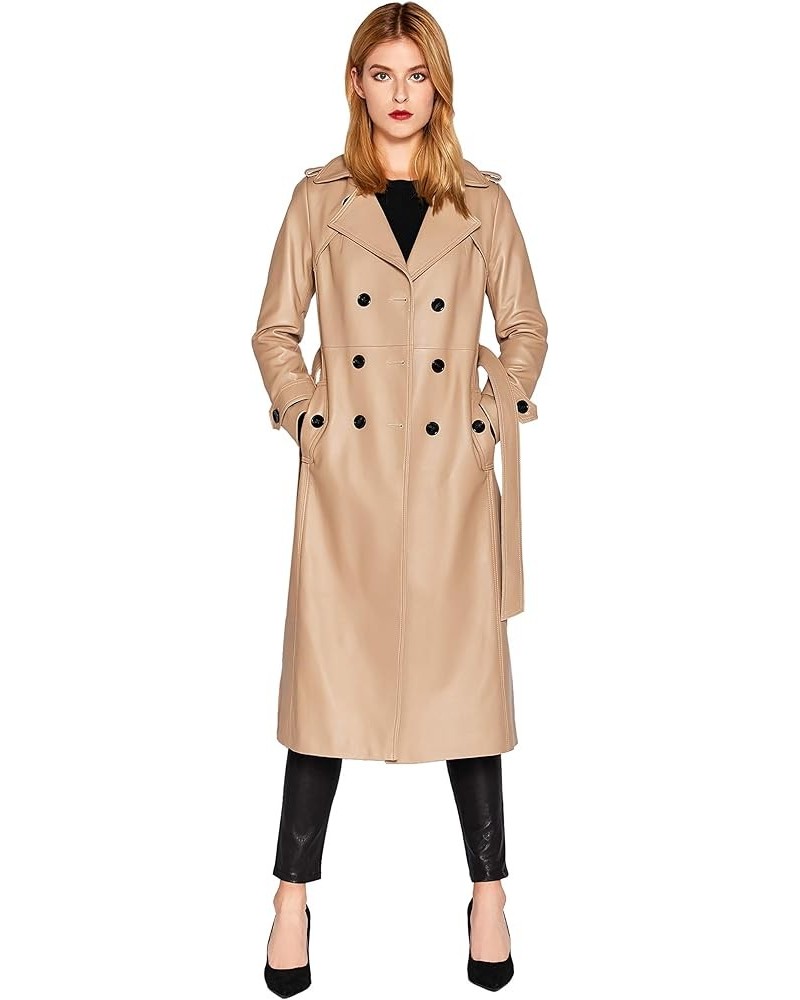 Women's Leather Trench Coat Lambskin Double Breasted Long Jacket Coat Camel Camel $116.80 Coats