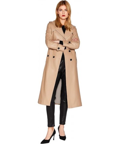 Women's Leather Trench Coat Lambskin Double Breasted Long Jacket Coat Camel Camel $116.80 Coats