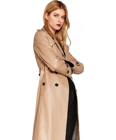 Women's Leather Trench Coat Lambskin Double Breasted Long Jacket Coat Camel Camel $116.80 Coats