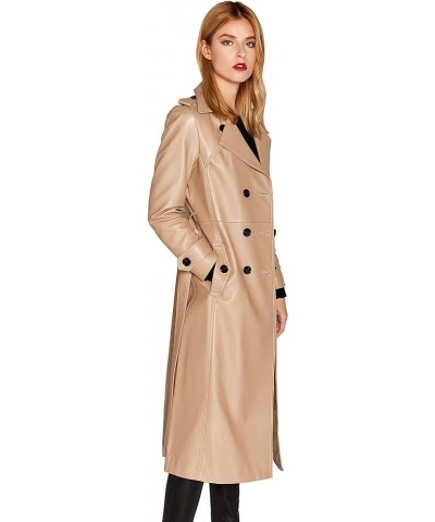 Women's Leather Trench Coat Lambskin Double Breasted Long Jacket Coat Camel Camel $116.80 Coats