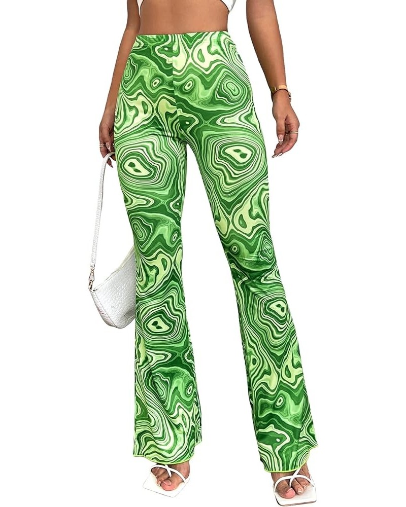 Women's Floral Print Elastic Waist Flare Leg Pants Stretchy Casual Long Pants Marble Green $20.05 Pants