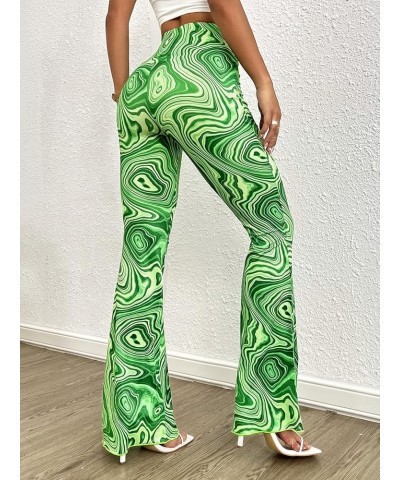 Women's Floral Print Elastic Waist Flare Leg Pants Stretchy Casual Long Pants Marble Green $20.05 Pants