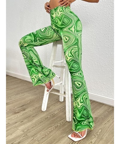 Women's Floral Print Elastic Waist Flare Leg Pants Stretchy Casual Long Pants Marble Green $20.05 Pants