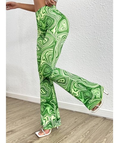 Women's Floral Print Elastic Waist Flare Leg Pants Stretchy Casual Long Pants Marble Green $20.05 Pants