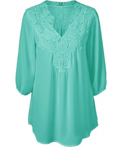 Women Chiffon Lace V Neck 3/4 Sleeve Solid Color Top Blouse Shirts Water Green $12.75 Tops