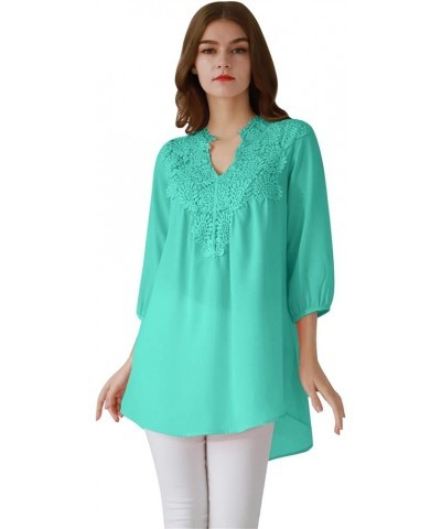 Women Chiffon Lace V Neck 3/4 Sleeve Solid Color Top Blouse Shirts Water Green $12.75 Tops