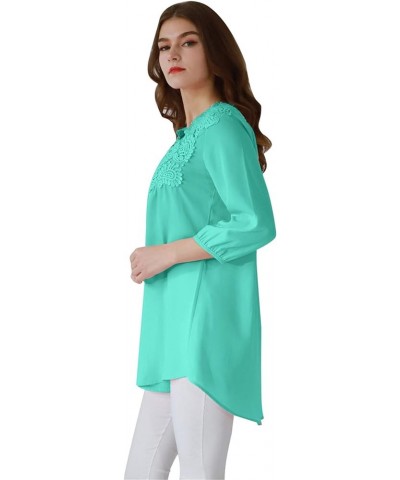 Women Chiffon Lace V Neck 3/4 Sleeve Solid Color Top Blouse Shirts Water Green $12.75 Tops