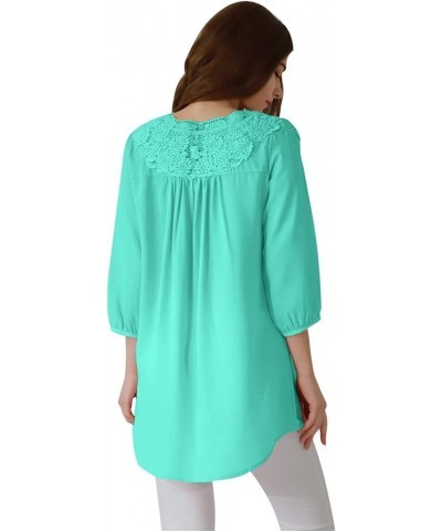 Women Chiffon Lace V Neck 3/4 Sleeve Solid Color Top Blouse Shirts Water Green $12.75 Tops