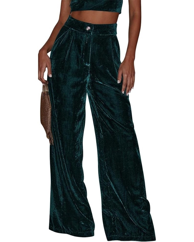 Velvet Pant for Women High Waist Wide Leg Palazzo Pants with Pocket Office Lady Fall Winter Xmas Flare Baggy Trouser Hunter G...