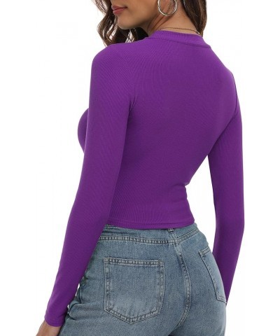 Women's Round Neck Long Sleeve Knit Ribbed Fitted Crop Top Casual Basic Shirts Purple $11.88 T-Shirts