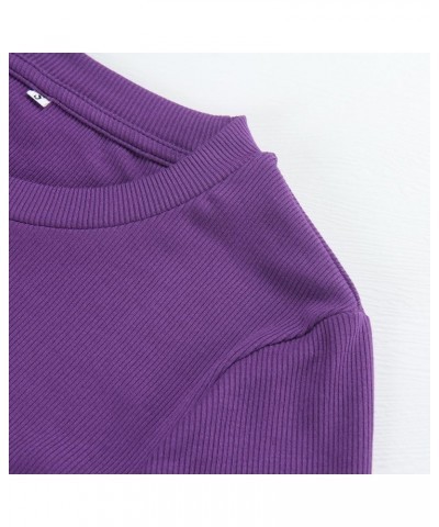 Women's Round Neck Long Sleeve Knit Ribbed Fitted Crop Top Casual Basic Shirts Purple $11.88 T-Shirts