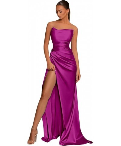 Satin Mermaid Prom Dress with Slit Strapless Long Bridesmaid Dresses for Women Pleated Formal Evening Gowns Hot Pink $26.40 D...