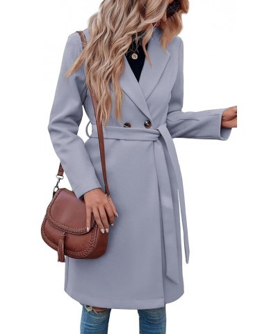 Women's Double Button Belted Tweed Overcoat Basic Long Sleeve Notched Lapel Pea Trench Jacket Outwear Coats Grey $33.75 Coats