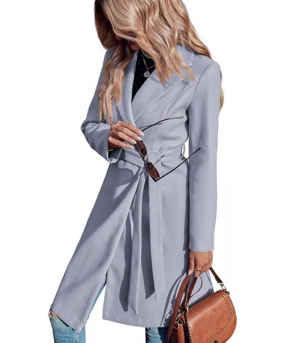 Women's Double Button Belted Tweed Overcoat Basic Long Sleeve Notched Lapel Pea Trench Jacket Outwear Coats Grey $33.75 Coats