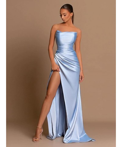 Satin Mermaid Prom Dress with Slit Strapless Long Bridesmaid Dresses for Women Pleated Formal Evening Gowns Hot Pink $26.40 D...