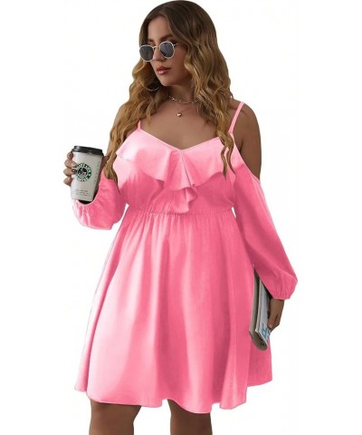 Women's Plus Size Cold Shoulder Ruffle Trim Bishop Sleeve A Line Dress Solid Dusty Pink $20.70 Dresses