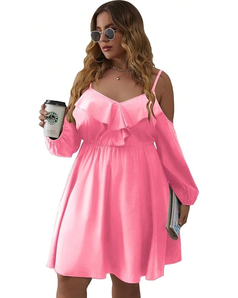 Women's Plus Size Cold Shoulder Ruffle Trim Bishop Sleeve A Line Dress Solid Dusty Pink $20.70 Dresses