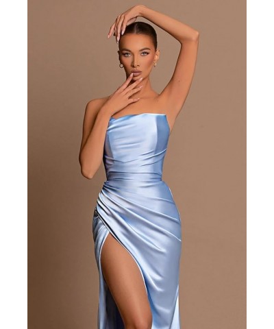 Satin Mermaid Prom Dress with Slit Strapless Long Bridesmaid Dresses for Women Pleated Formal Evening Gowns Hot Pink $26.40 D...