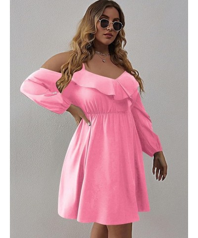 Women's Plus Size Cold Shoulder Ruffle Trim Bishop Sleeve A Line Dress Solid Dusty Pink $20.70 Dresses