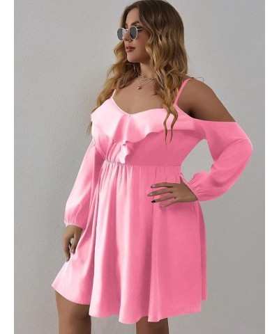 Women's Plus Size Cold Shoulder Ruffle Trim Bishop Sleeve A Line Dress Solid Dusty Pink $20.70 Dresses