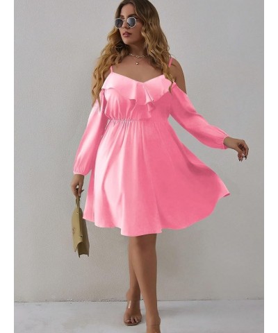 Women's Plus Size Cold Shoulder Ruffle Trim Bishop Sleeve A Line Dress Solid Dusty Pink $20.70 Dresses