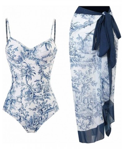 Womens One Piece Bathing Suits with Cover Up Wrap Skirt Sarong Retro Floral Print Bikini Set Two Piece Swimsuits 01 Navy $13....