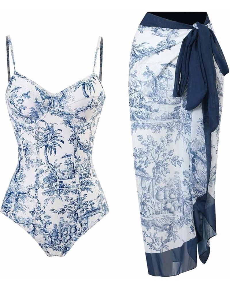 Womens One Piece Bathing Suits with Cover Up Wrap Skirt Sarong Retro Floral Print Bikini Set Two Piece Swimsuits 01 Navy $13....